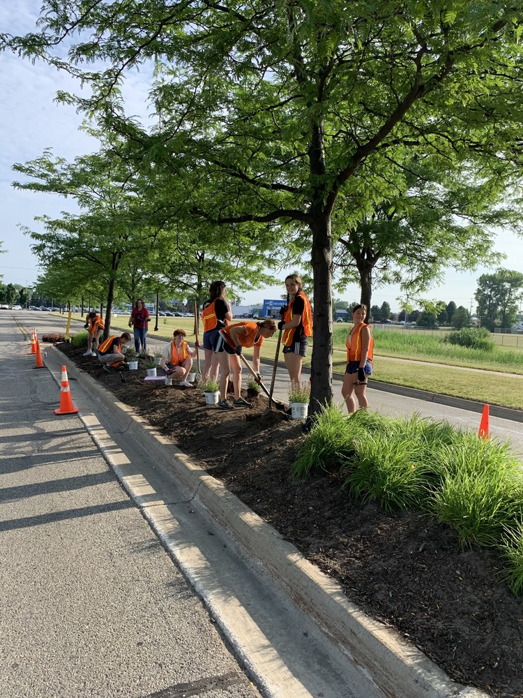 Students working on a landscaping project on Donaldson Drive in Fenton, MI.